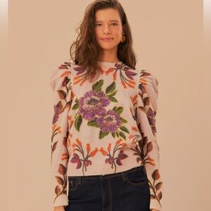 NWT Farm Rio Cream Winter Garden Knit Sweater floral puff sleeve XS